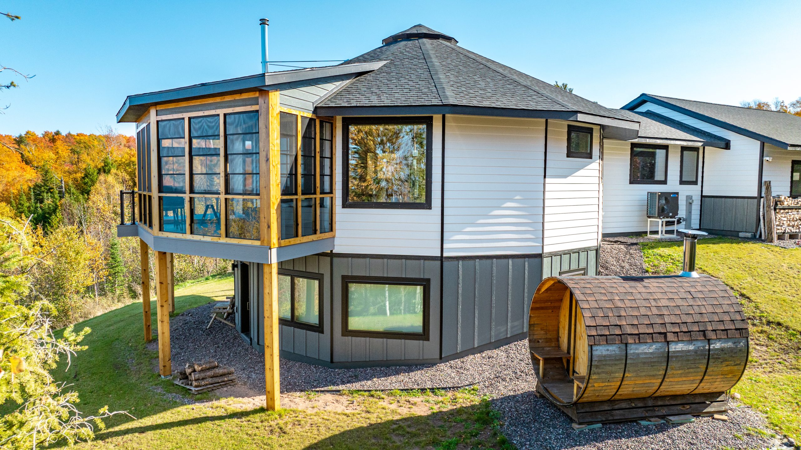 back view, showing outdoor sauna.