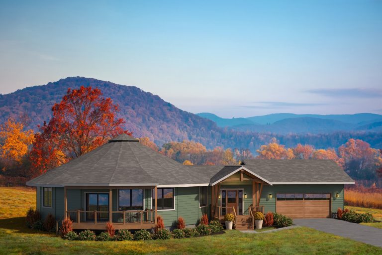 Escape Floor Plan 47-AG with factory-installed engineered wood siding, optional roof over deck, and attached garage with optional Arch-style covered porch.