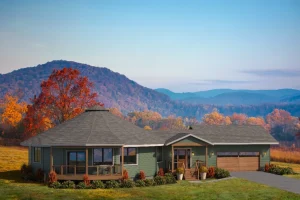 Escape Floor Plan 47-AG with factory-installed engineered wood siding, optional roof over deck, and attached garage with optional Gable-style covered porch.