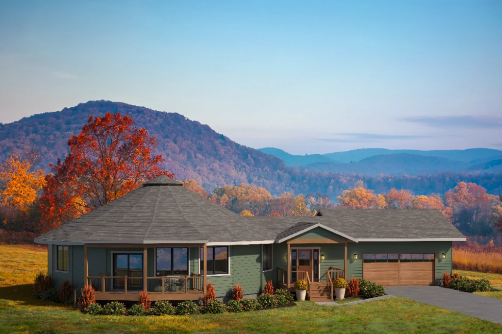 Escape Floor Plan 47-AG with factory-installed engineered wood siding, optional roof over deck, and attached garage with optional Gable-style covered porch.