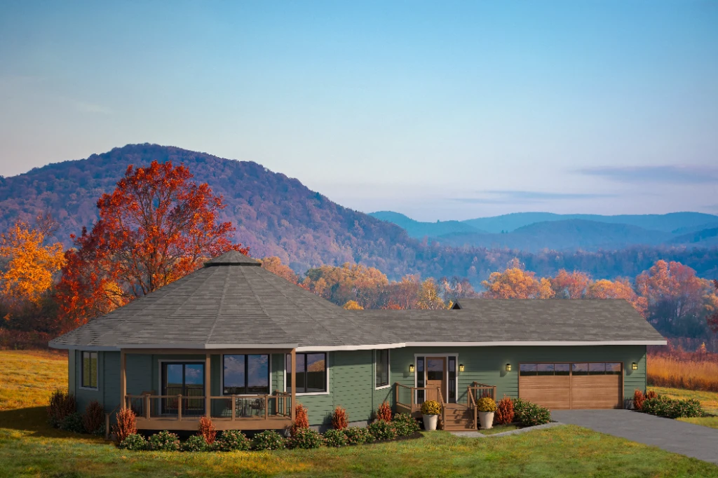 Escape Floor Plan 47-AG on crawlspace foundation with factory-installed engineered wood siding, attached garage (no covered porch) and optional roof over deck.