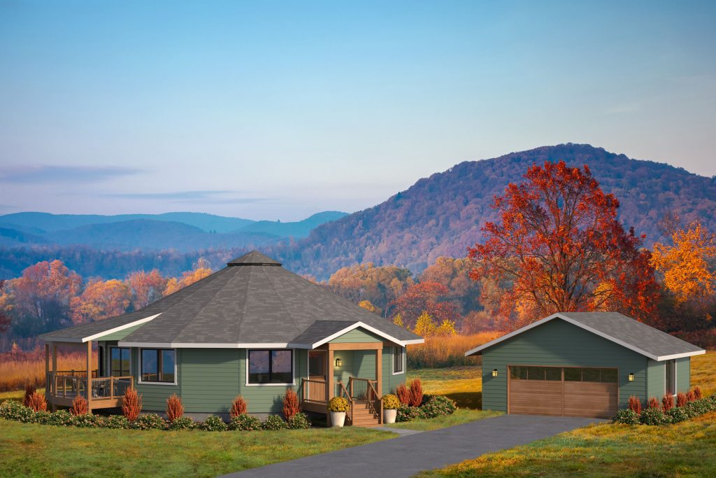 Escape Floor Plan 47-A on crawlspace foundation with factory-installed engineered wood siding, optional roof over deck, gable entry and detached garage.