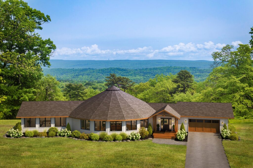 Crest 41-G round home with two wings and a Timber-style covered porch overlooking forested hills