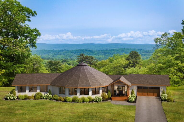 Crest 41-G round home with two wings and a Timber-style covered porch overlooking forested hills