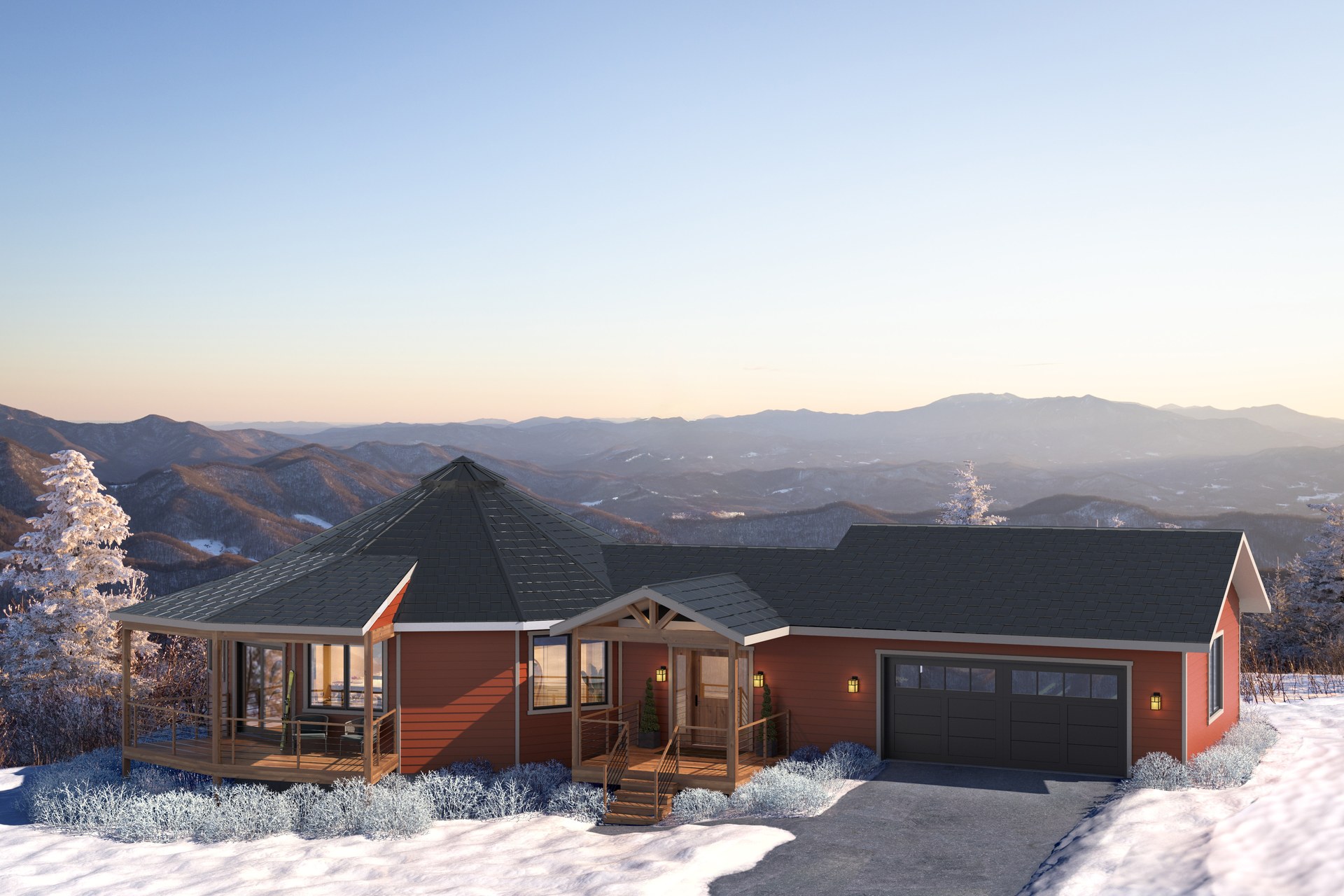 Grove 39-AG round home with engineered wood siding, Timber-style covered porch and attached garage in a snowy mountain setting