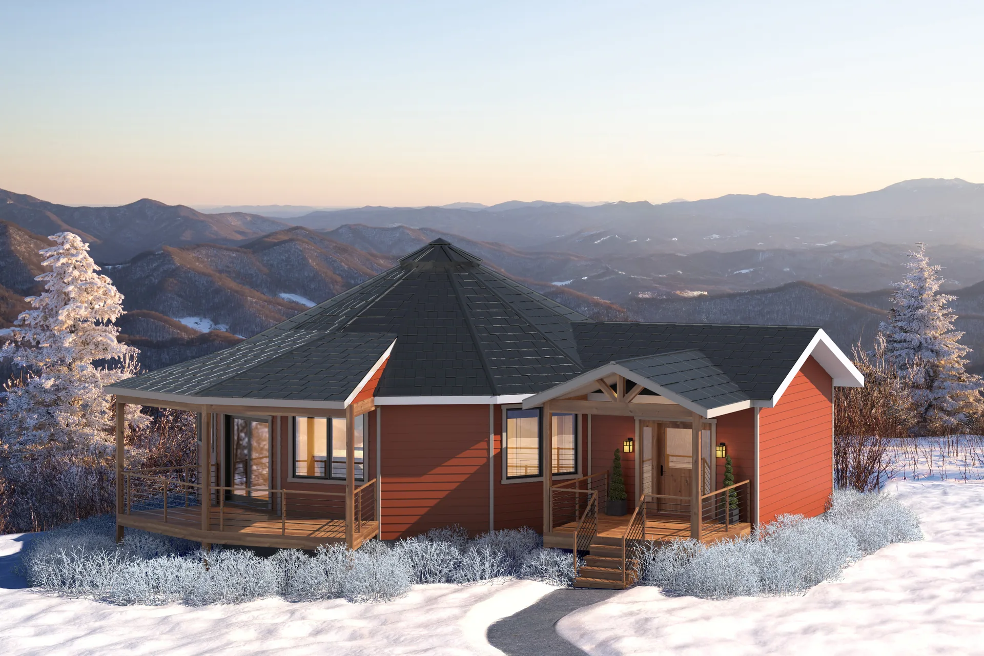 Grove round home with red siding in a snowy mountain landscape
