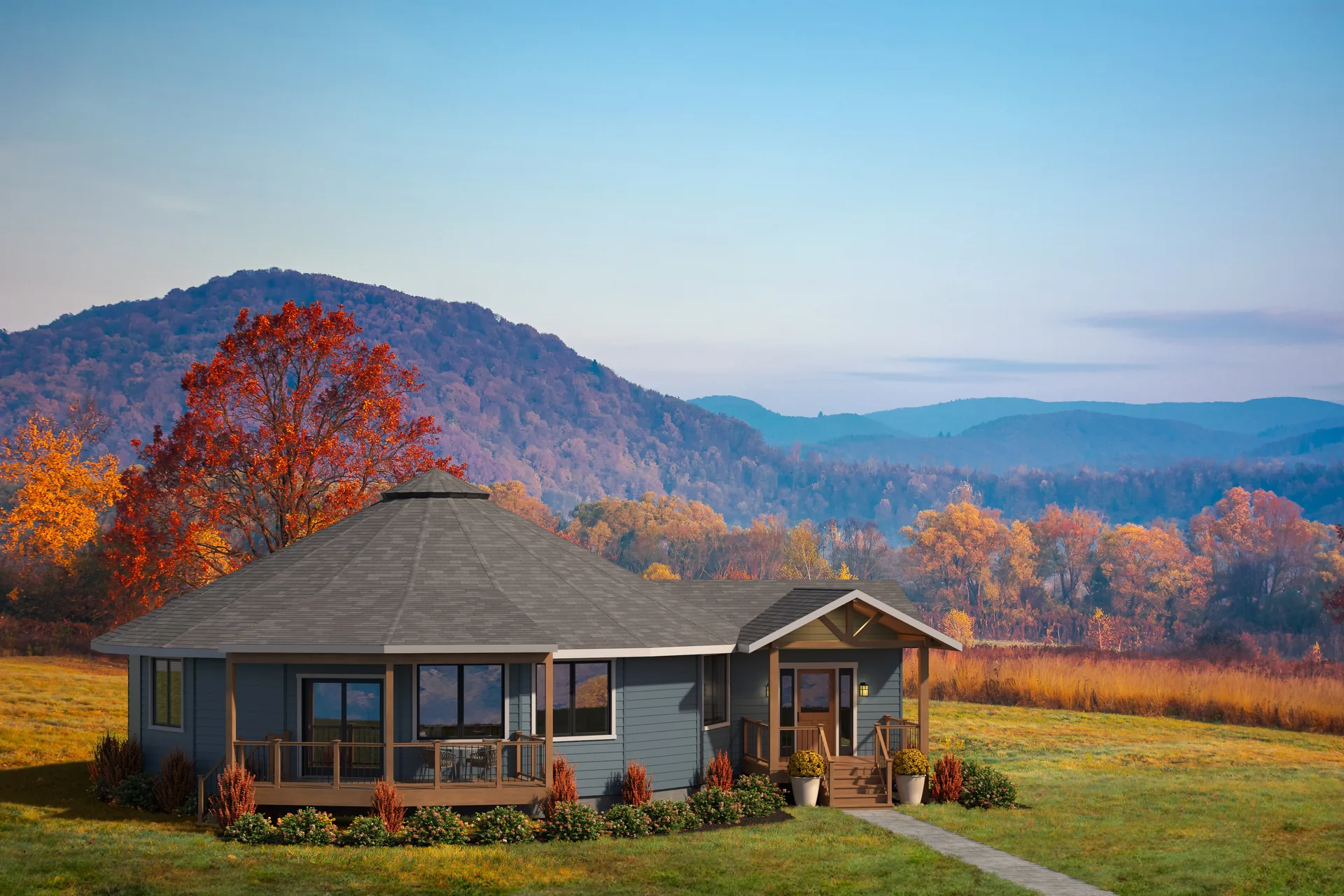 Headland round home overlooking mountains with autumn foliage
