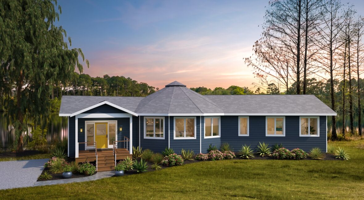 Mesa 37-A round home with two wings, engineered wood siding and a Gable-style covered porch