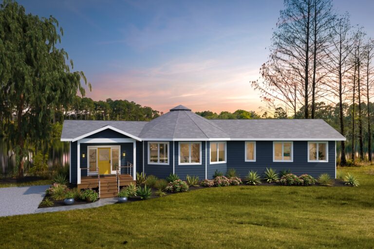 Mesa 37-A round home with two wings, engineered wood siding and a Gable-style covered porch