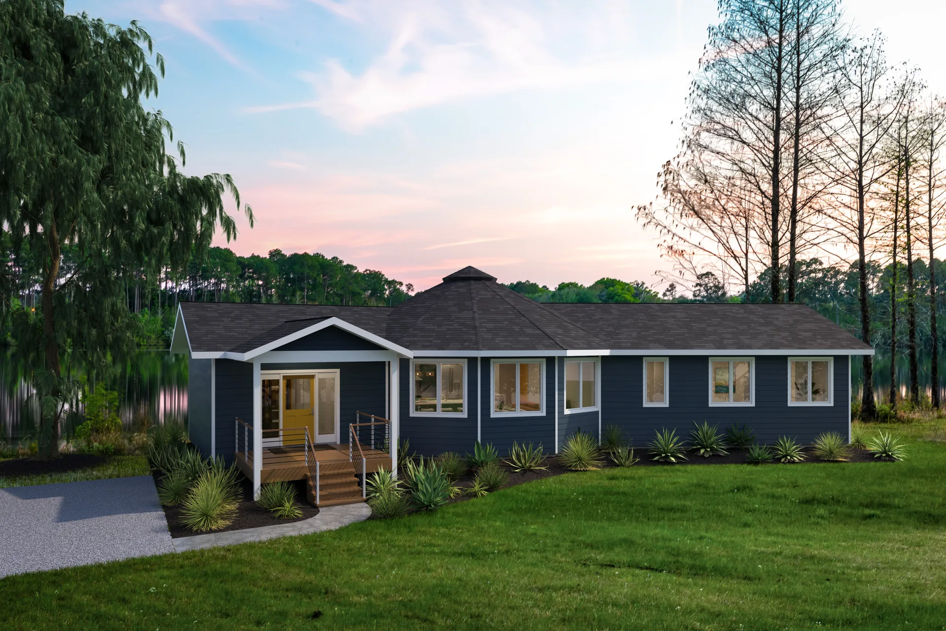 Mesa home with blue siding and a covered entrance at sunset