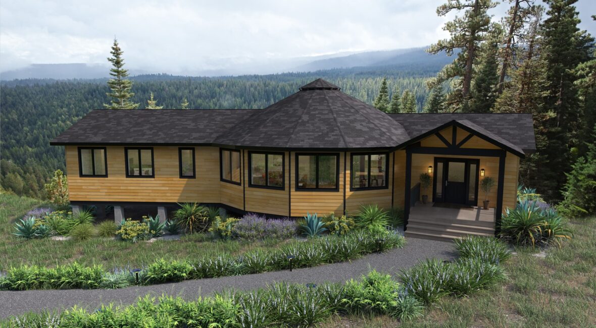 Summit 41-G round home with two wings, wood siding and a Timber-style covered porch in a forest setting