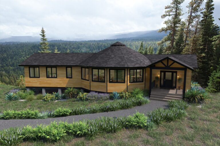 Summit 41-G round home with two wings, wood siding and a Timber-style covered porch in a forest setting
