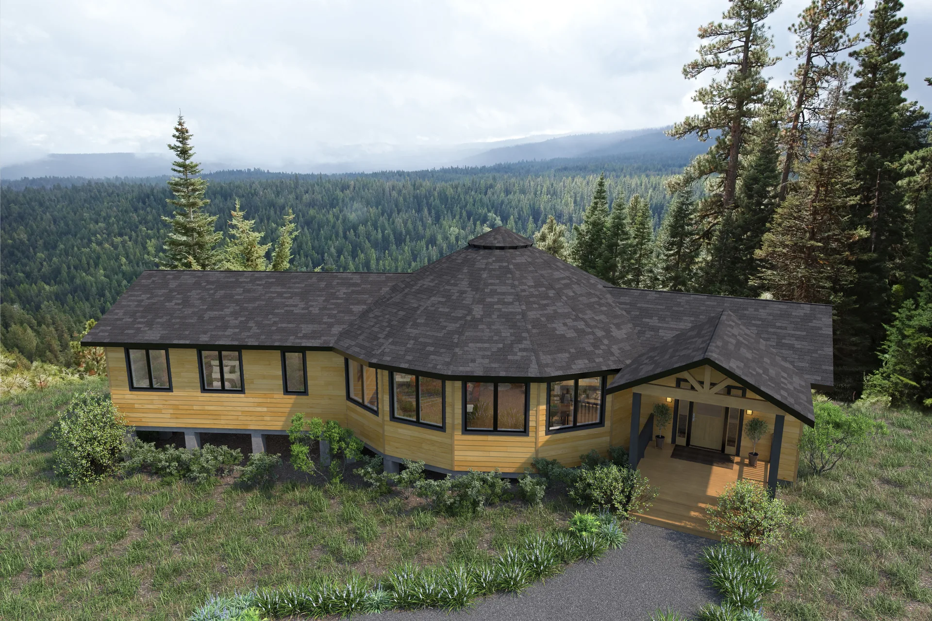 Summit home with natural siding in a wooded mountain setting